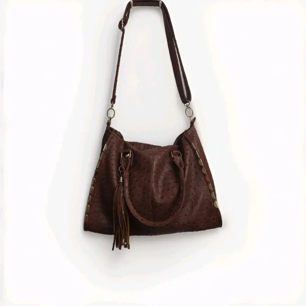 Imoshion Brown Ostrich Embossed Satchel Crossbody Large Bag Tassel Studded Purse